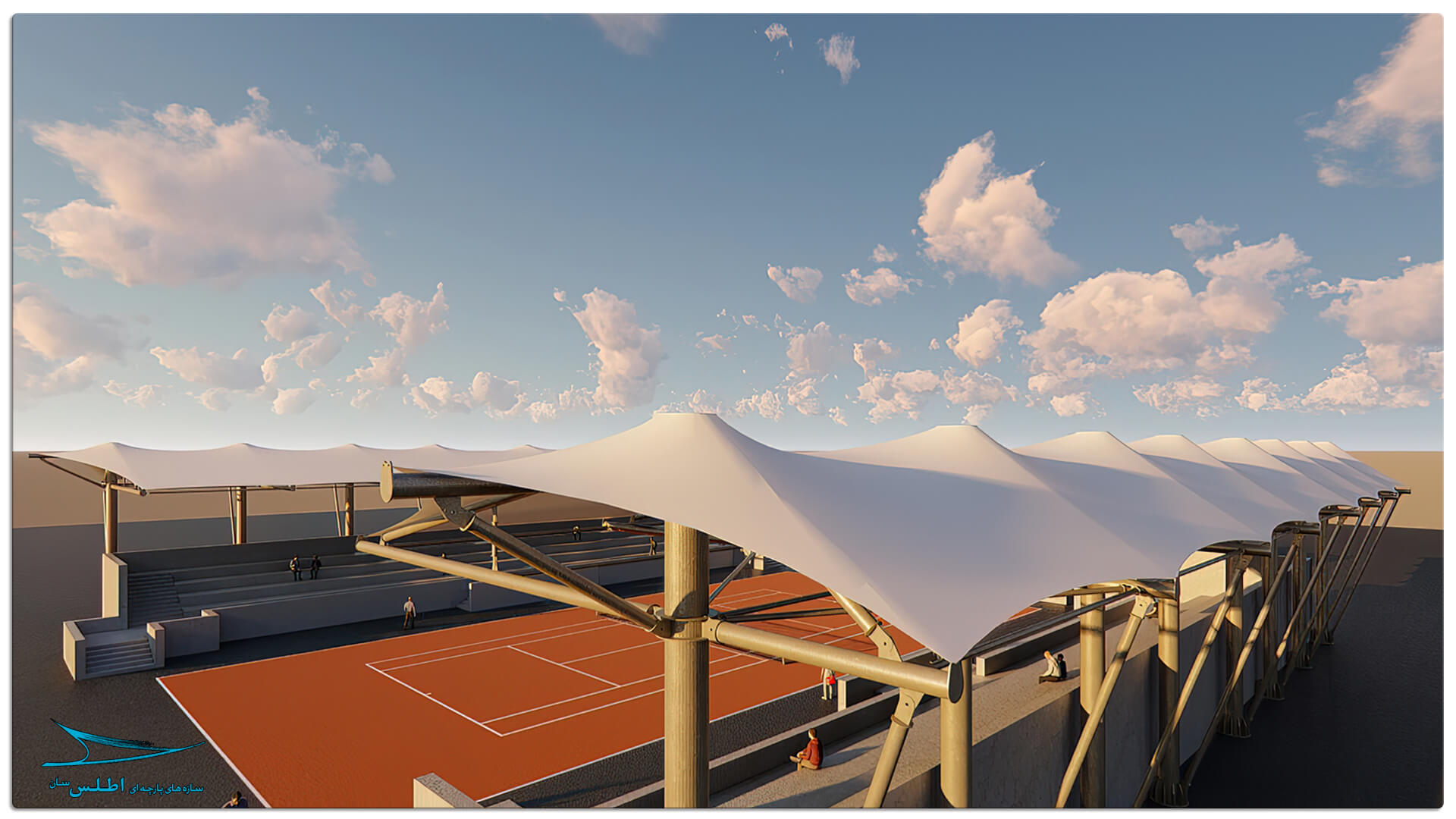 رندر سازه پارچه ای سقف استادیوم تنیس کیش | شرکت سازه پارچه ای اطلس سان