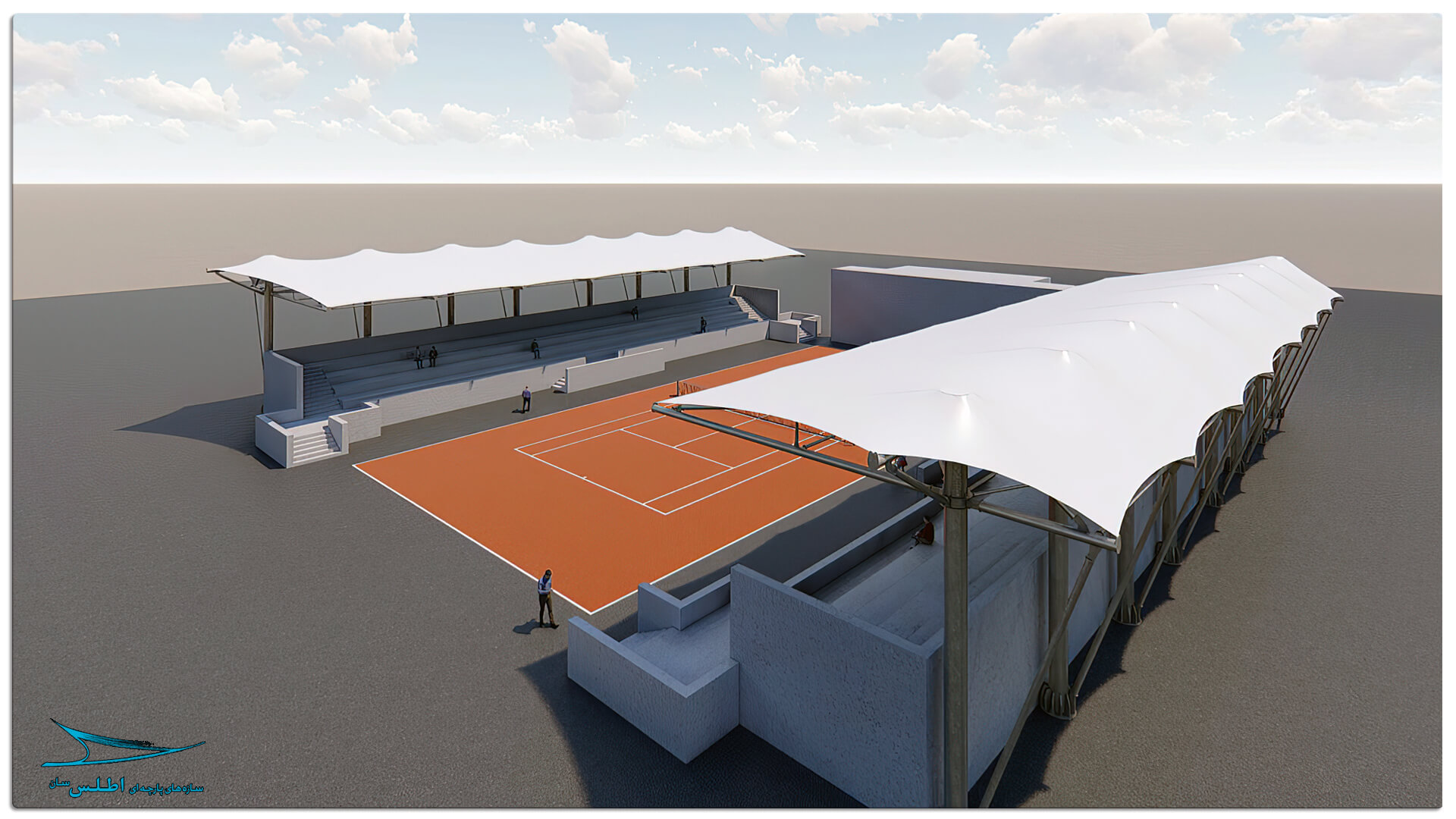 رندر سازه پارچه ای سقف استادیوم تنیس کیش | شرکت سازه پارچه ای اطلس سان