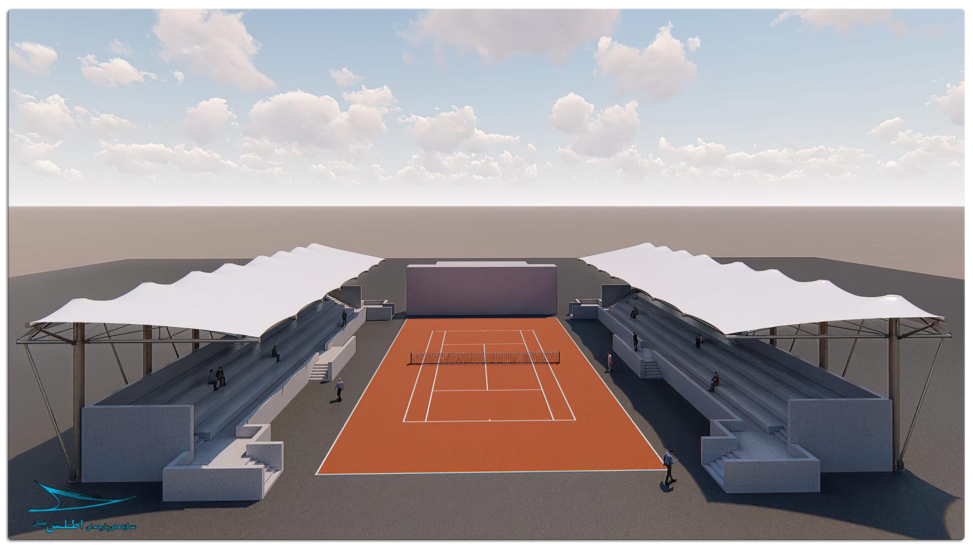 رندر و مدل سازی سه بعدی سازه پارچه ای سقف استادیوم تنیس کیش | سازه پارچه ای اطلس سان