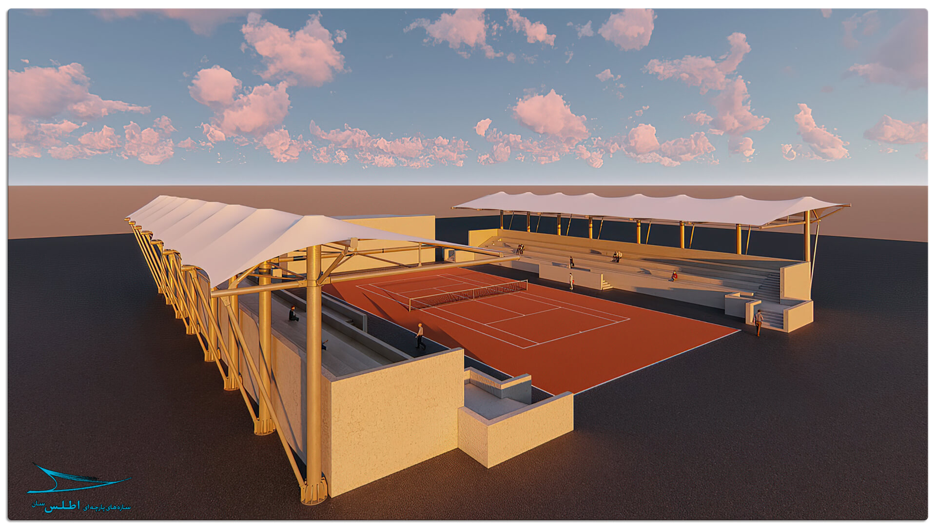 رندر و مدل سازی سه بعدی سازه پارچه ای سقف استادیوم تنیس کیش | سازه پارچه ای اطلس سان