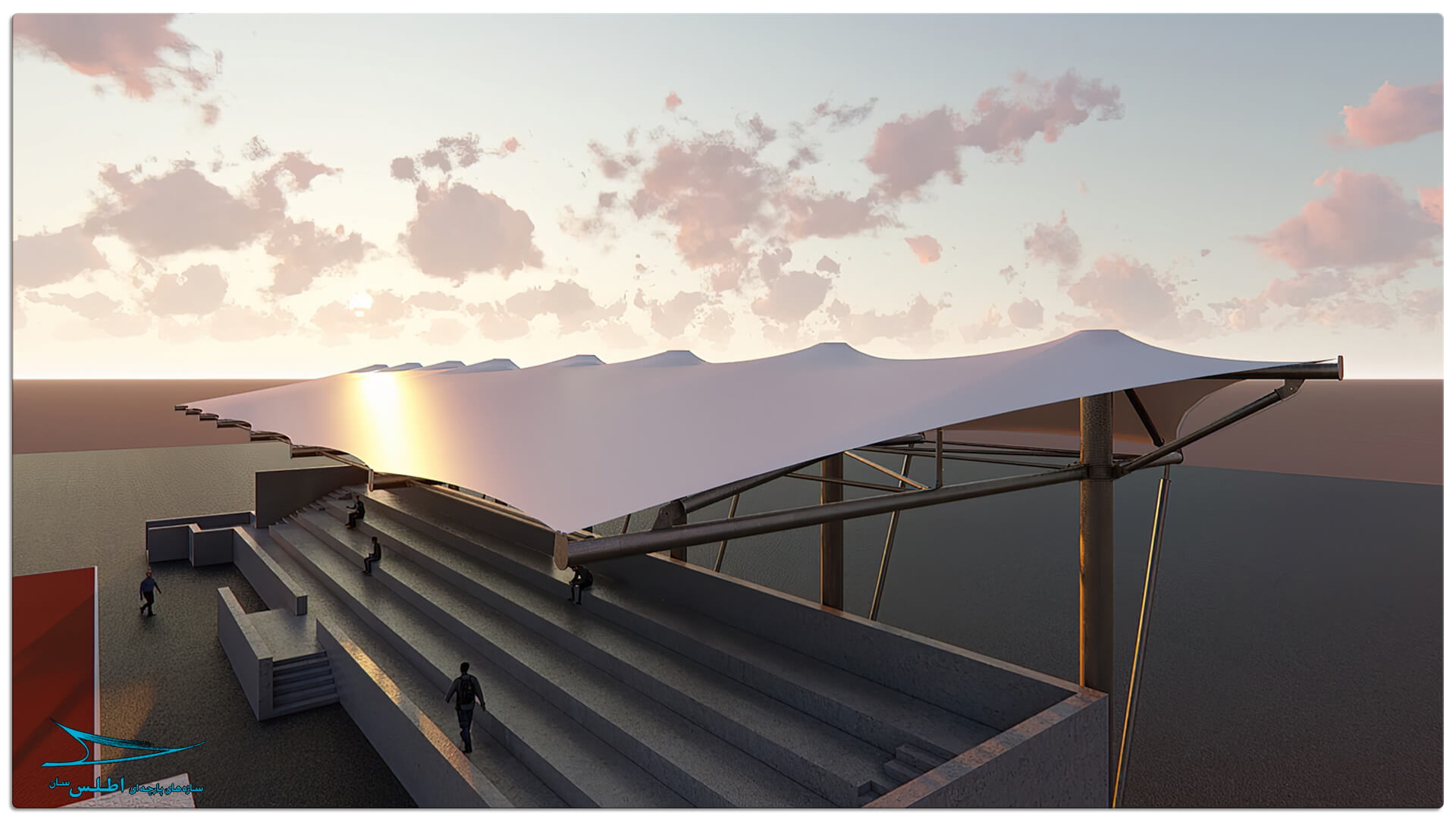 رندر سازه پارچه ای سقف استادیوم تنیس کیش | شرکت سازه پارچه ای اطلس سان