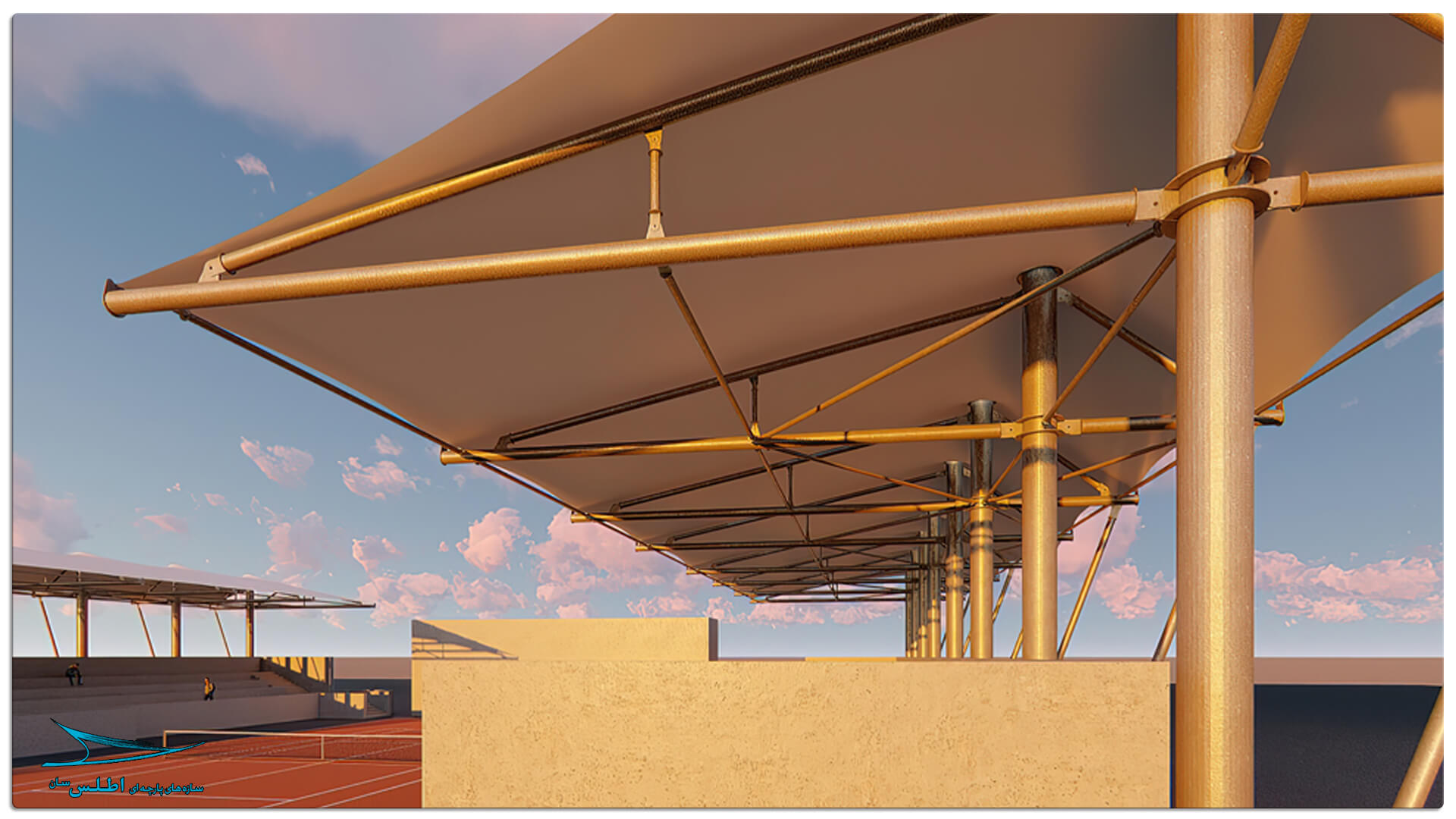 رندر سازه پارچه ای سقف استادیوم تنیس کیش | شرکت سازه پارچه ای اطلس سان