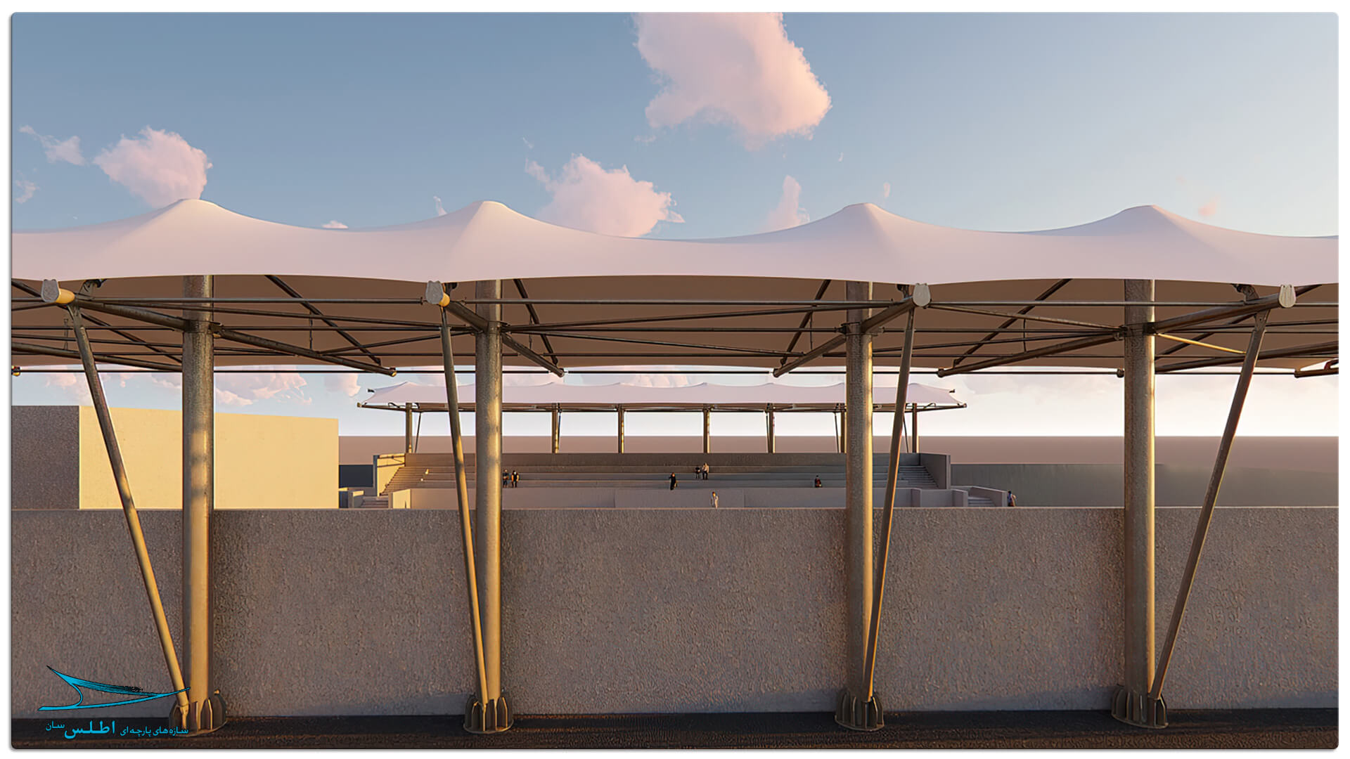 رندر و مدل سازی سه بعدی سازه پارچه ای سقف استادیوم تنیس کیش | سازه پارچه ای اطلس سان