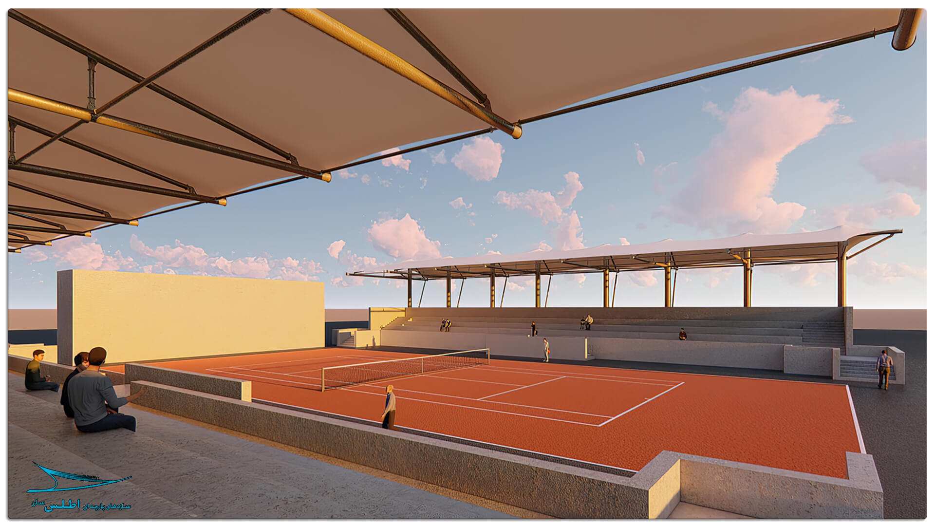 رندر سازه پارچه ای سقف استادیوم تنیس کیش | شرکت سازه پارچه ای اطلس سان