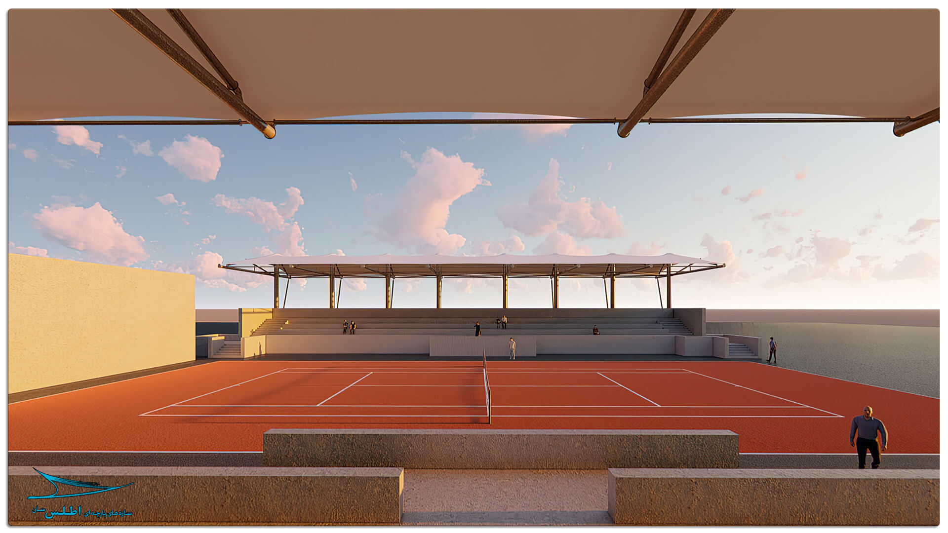 رندر سازه پارچه ای سقف استادیوم تنیس کیش | شرکت سازه پارچه ای اطلس سان