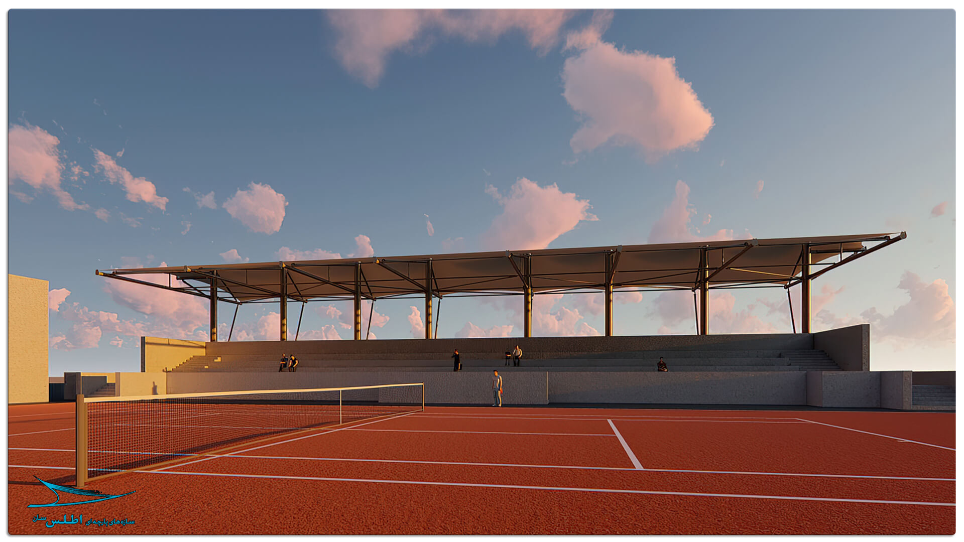 رندر سازه پارچه ای سقف استادیوم تنیس کیش | شرکت سازه پارچه ای اطلس سان
