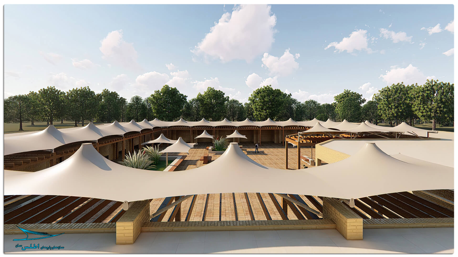 رندر سازه پارچه ای مهمانسرای گل گهر سیرجان | سازه پارچه ای اطلس سان