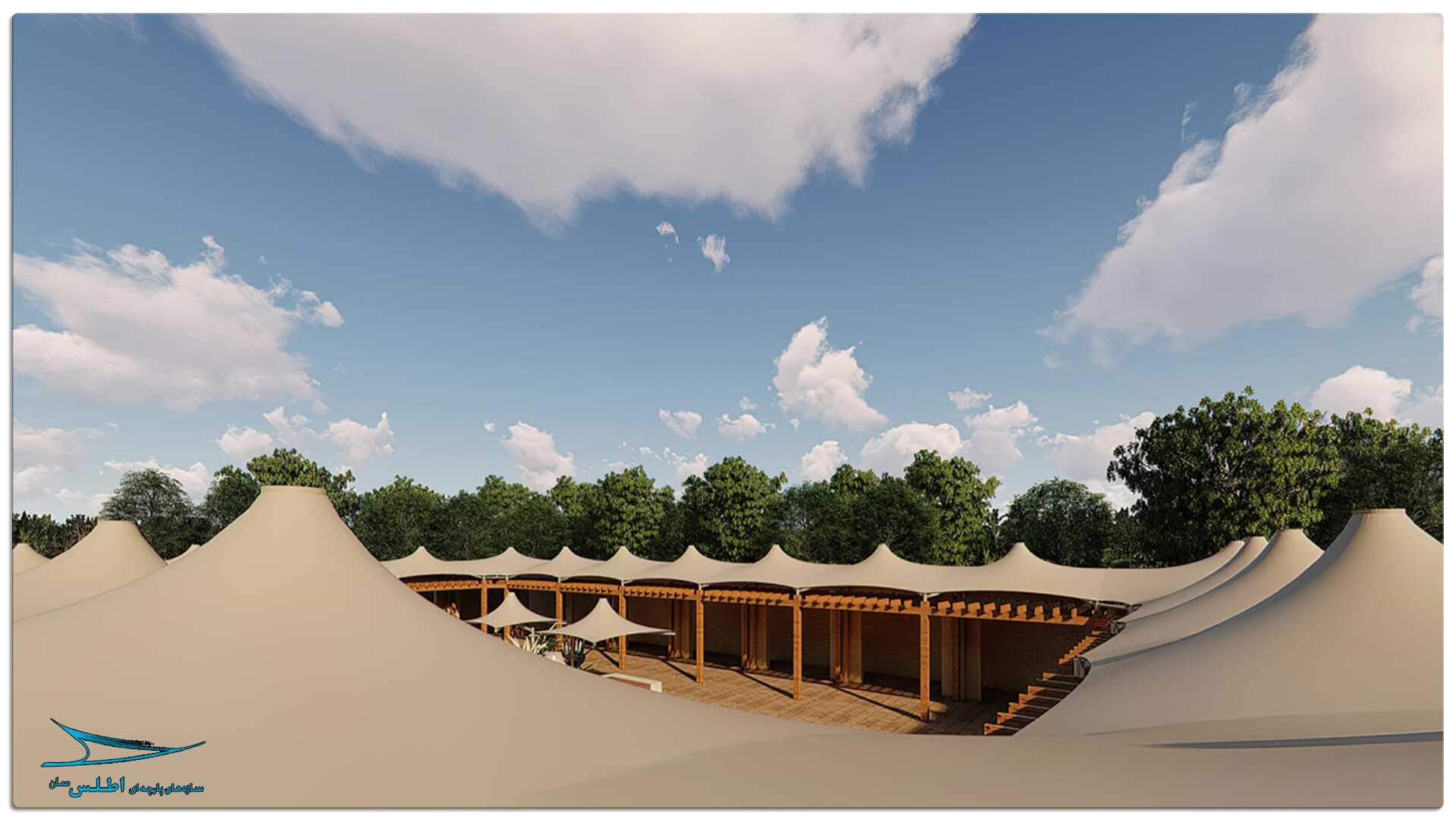 رندر سازه پارچه ای مهمانسرای گل گهر سیرجان | سازه پارچه ای اطلس سان