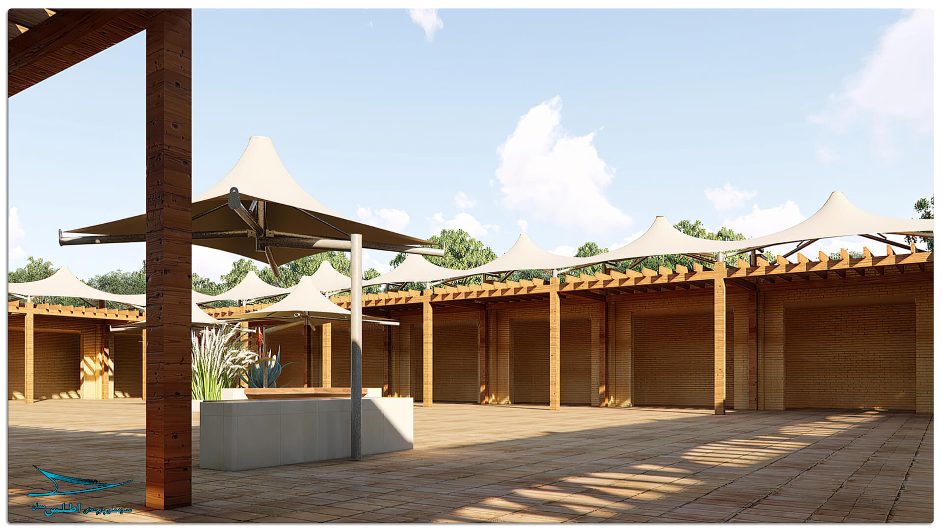 رندر پروژه سازه پارچه ای مهمانسرای گل گهر سیرجان | سازه پارچه ای اطلس سان