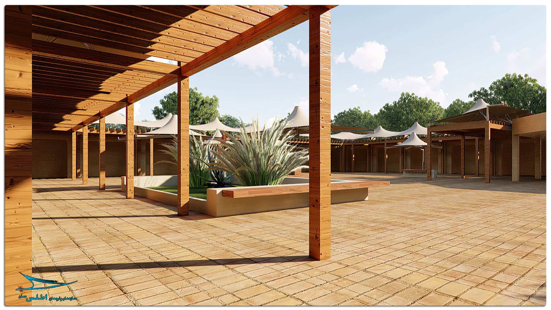 رندر پروژه سازه پارچه ای مهمانسرای گل گهر سیرجان | سازه پارچه ای اطلس سان