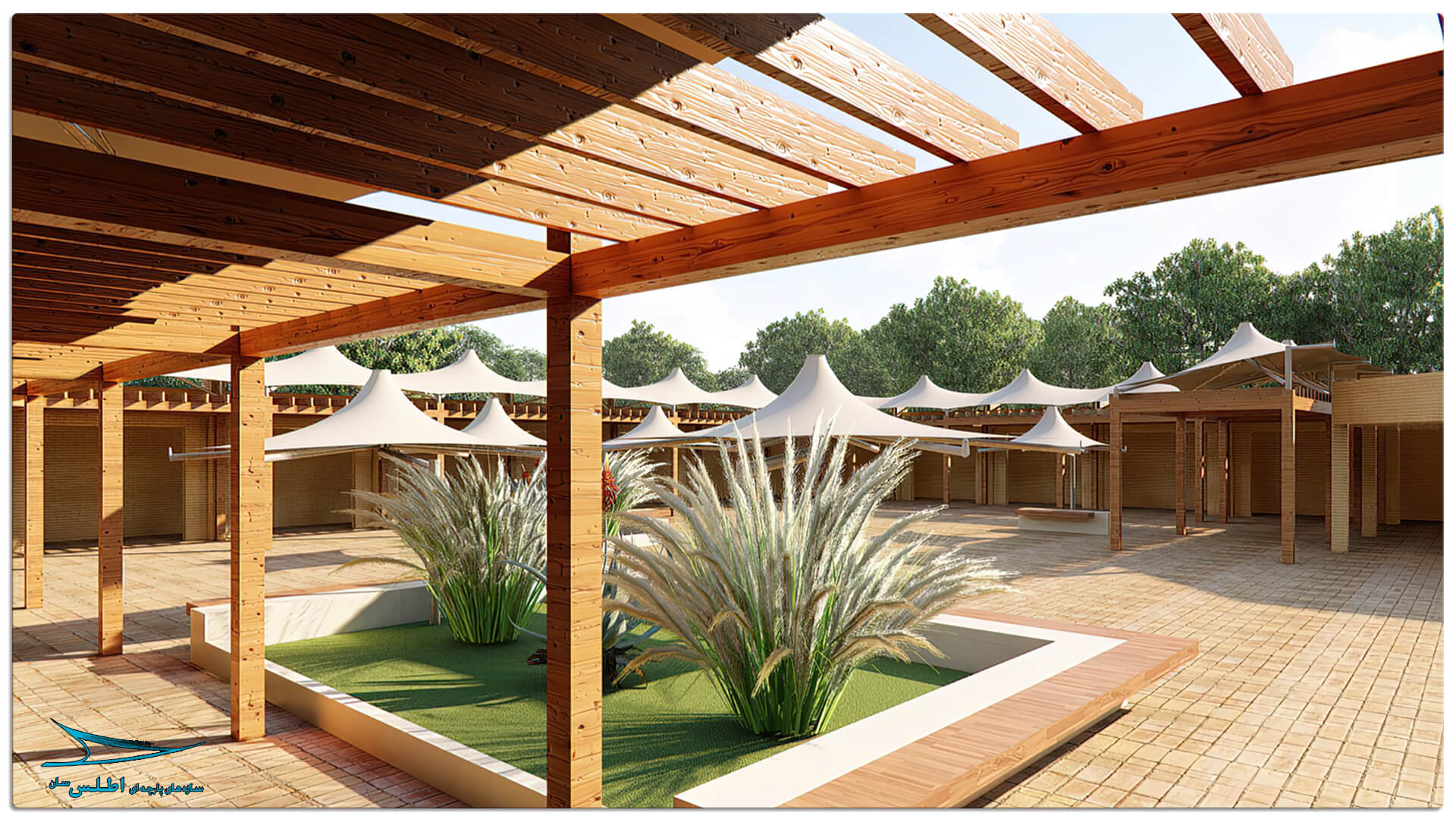 رندر پروژه سازه پارچه ای مهمانسرای گل گهر سیرجان | سازه پارچه ای اطلس سان