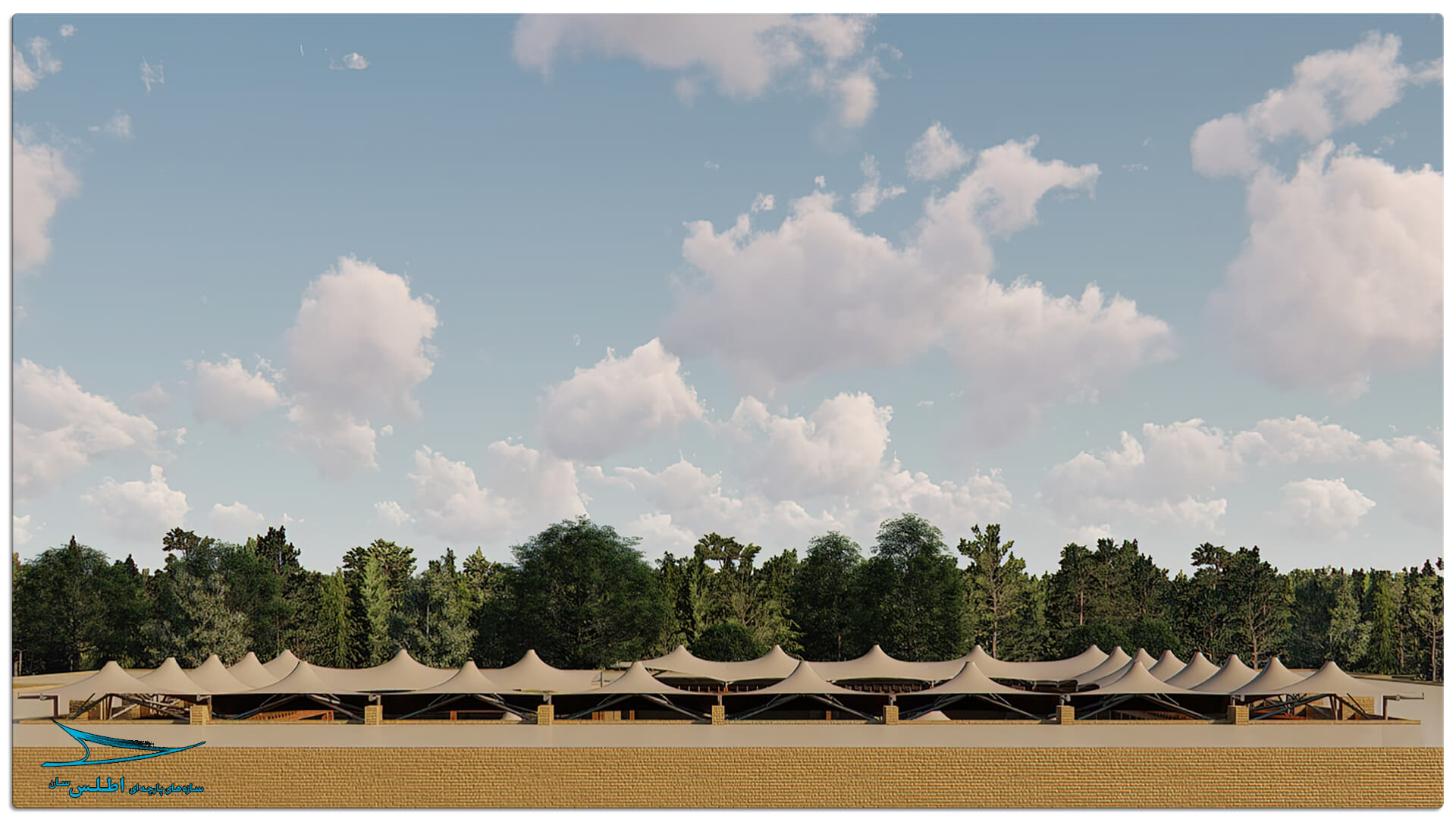 رندر پروژه سازه پارچه ای مهمانسرای گل گهر سیرجان | سازه پارچه ای اطلس سان