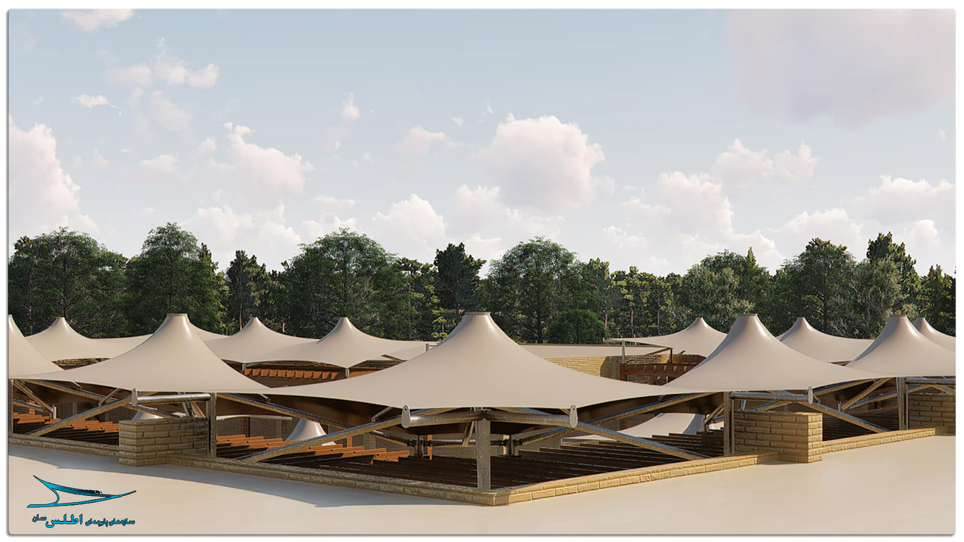 رندر پروژه سازه پارچه ای مهمانسرای گل گهر سیرجان | سازه پارچه ای اطلس سان