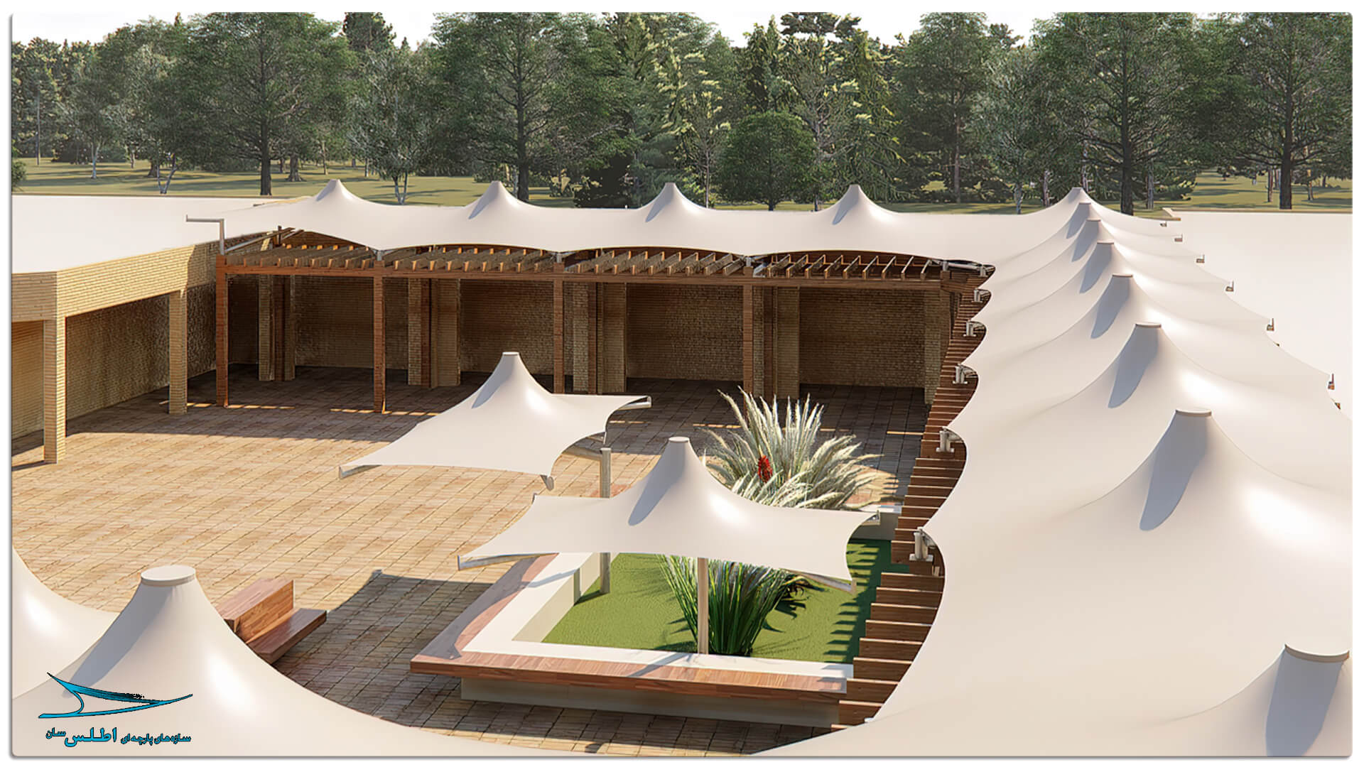رندر پروژه سازه پارچه ای مهمانسرای گل گهر سیرجان | سازه پارچه ای اطلس سان